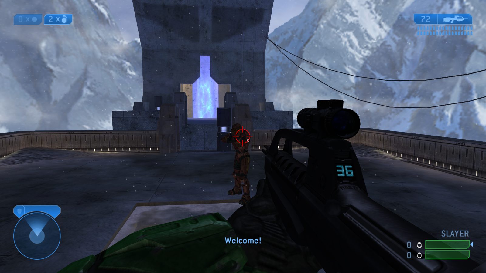 First-person view on Lockout's top middle walkway, battle rifle in hand, aiming at a red Spartan in front of the lift tower, with snowy mountains behind.