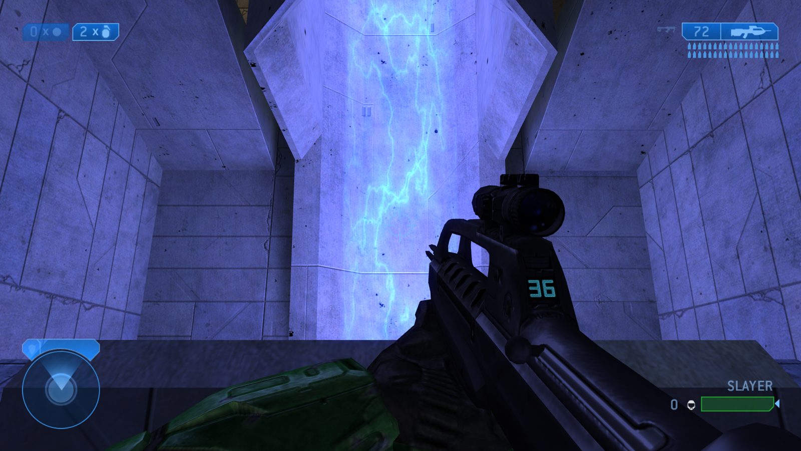 The glowing blue gravity lift inside Lockout's lift room.
