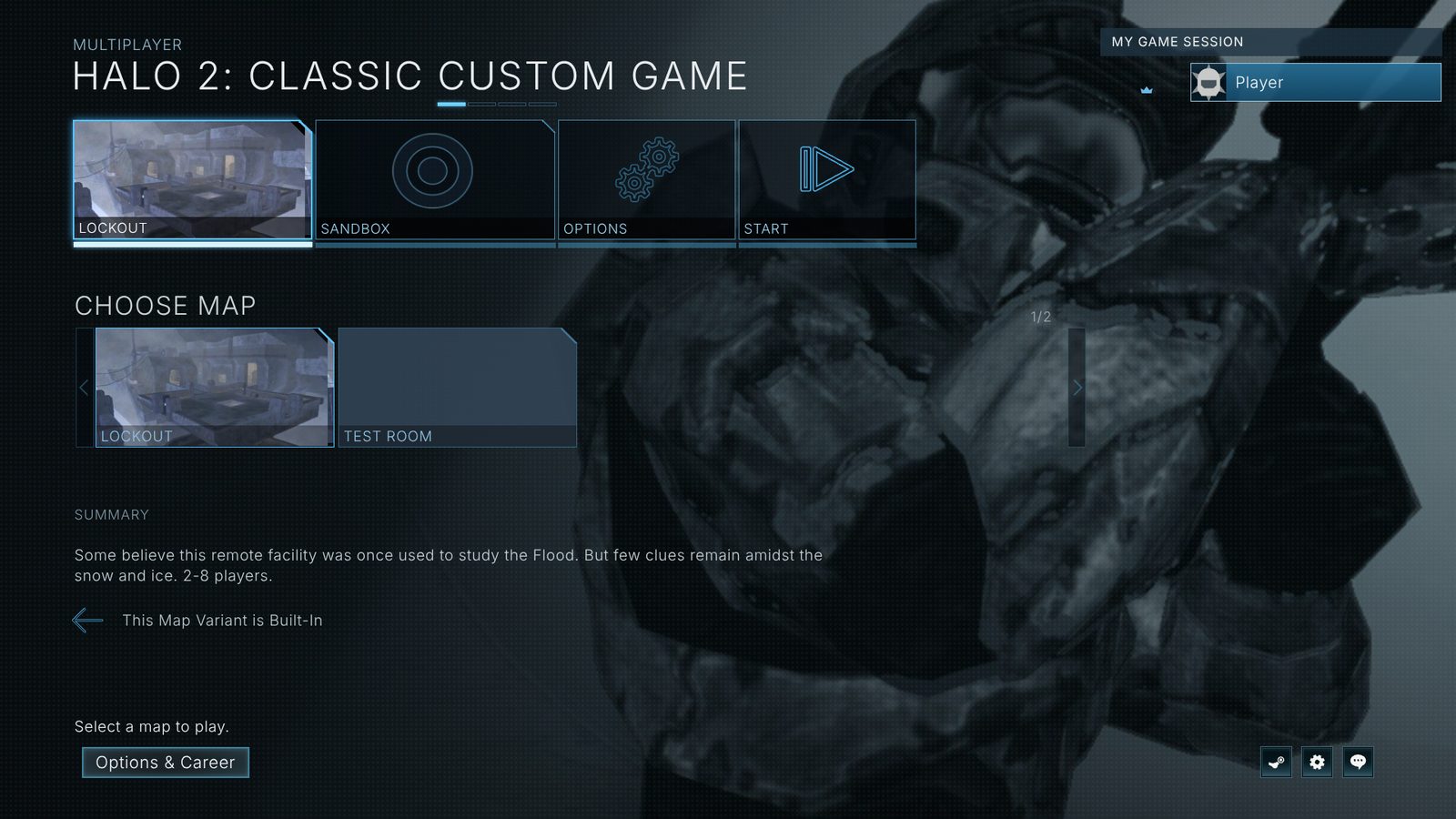 The game's lobby, styled after MCC's Halo 2 Classic Custom Game screen, with Lockout selected.