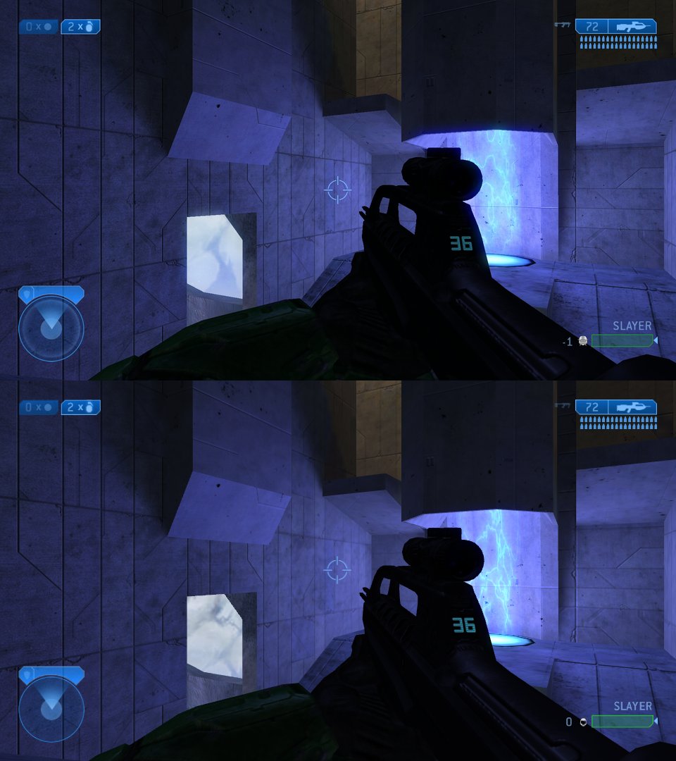 Two near-identical frames of Lockout's lower lift room. Top: Halo 2 in MCC. Bottom: the browser version.