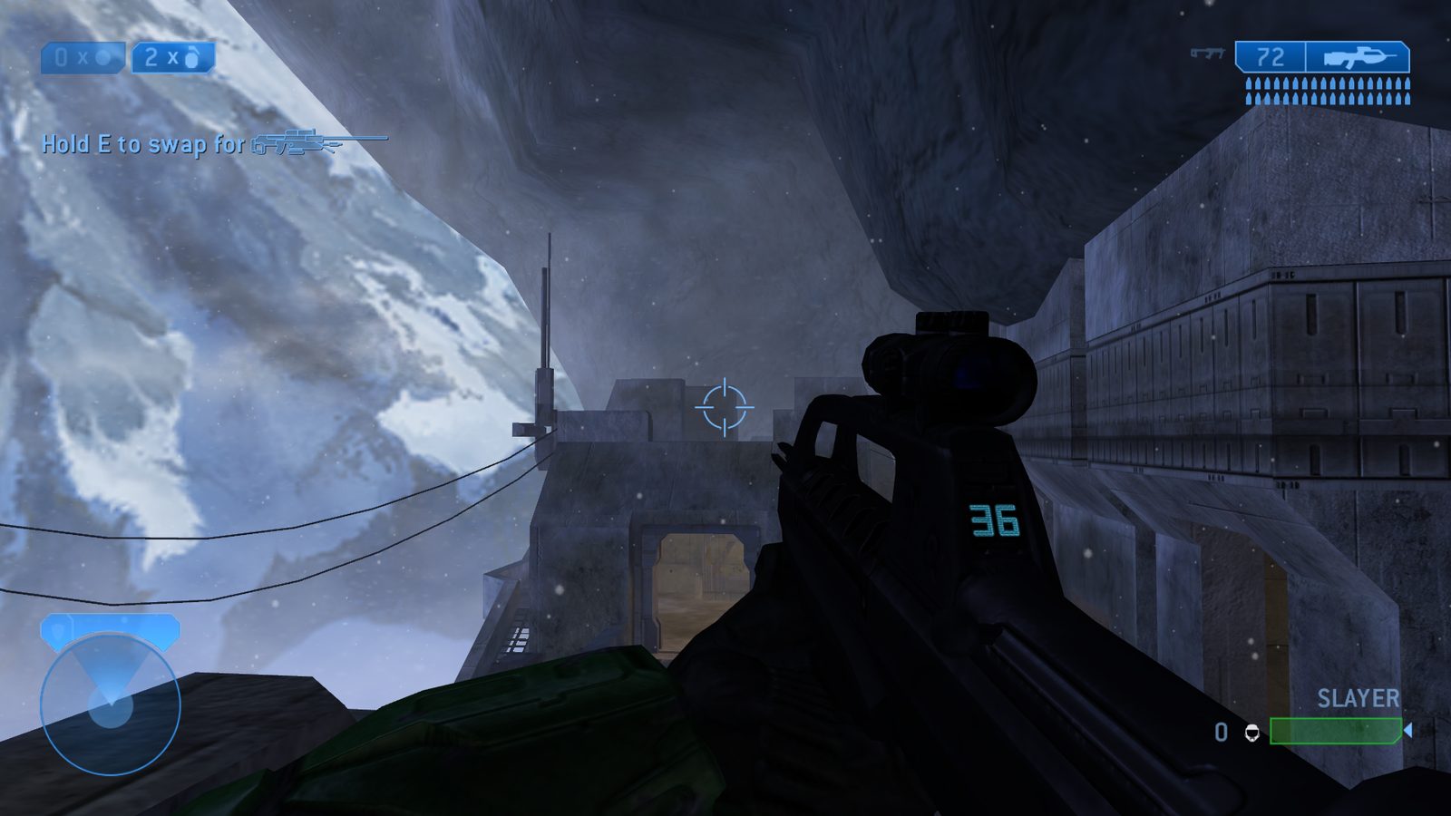 View from the sniper tower across Lockout toward the BR tower, with a frozen planet in the sky.