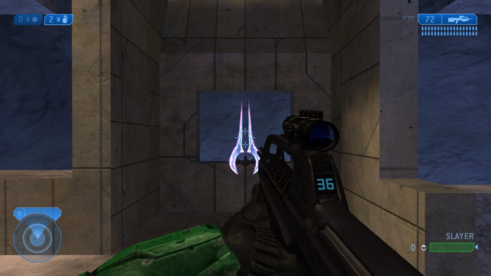 The energy sword resting on its spawn in front of a window.